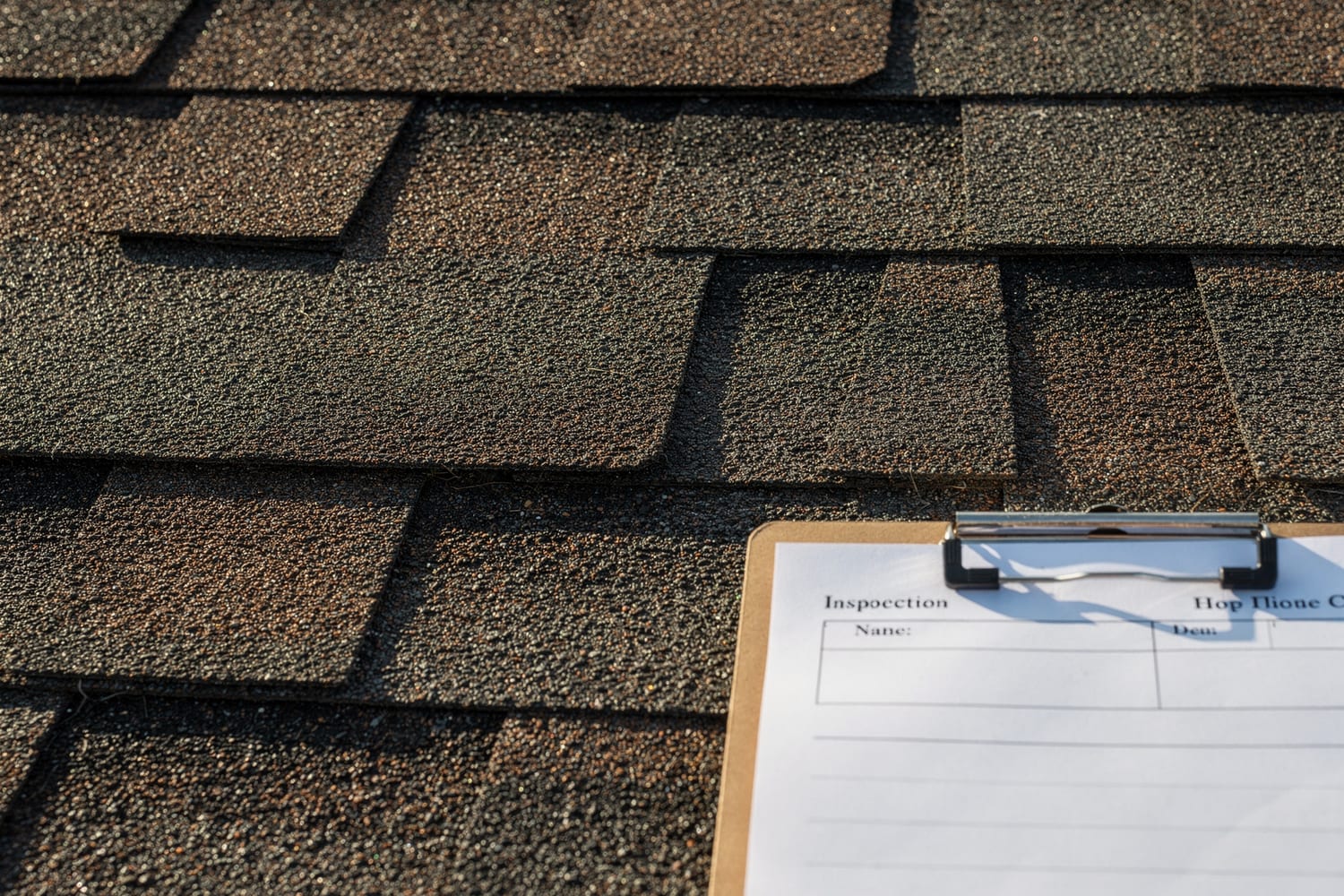 An inspection clipboard resting on architectural asphalt shingles in raking afternoon light.